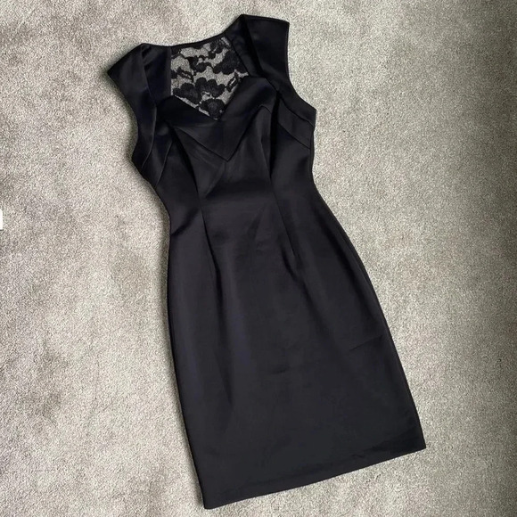 Dress Barn Bodice Lace Back Straight Midi Black Satin Like Dress Size 4 - Picture 13 of 16
